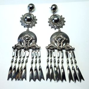 Elizabeth Cole Huge Silver Tone Ornate Statement Dangle Earrings